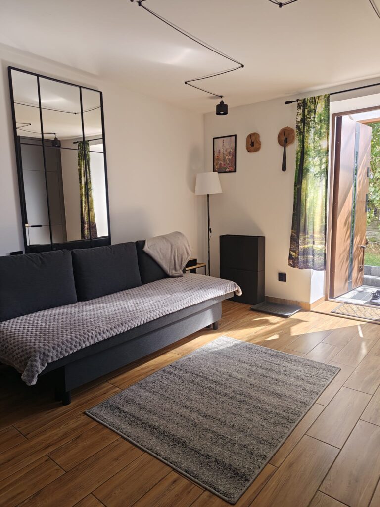 Salon w apartamencie Sweet Time z szarą sofą, dywanem, lustrzaną szafą, kominkiem i otwartymi drzwiami na balkon